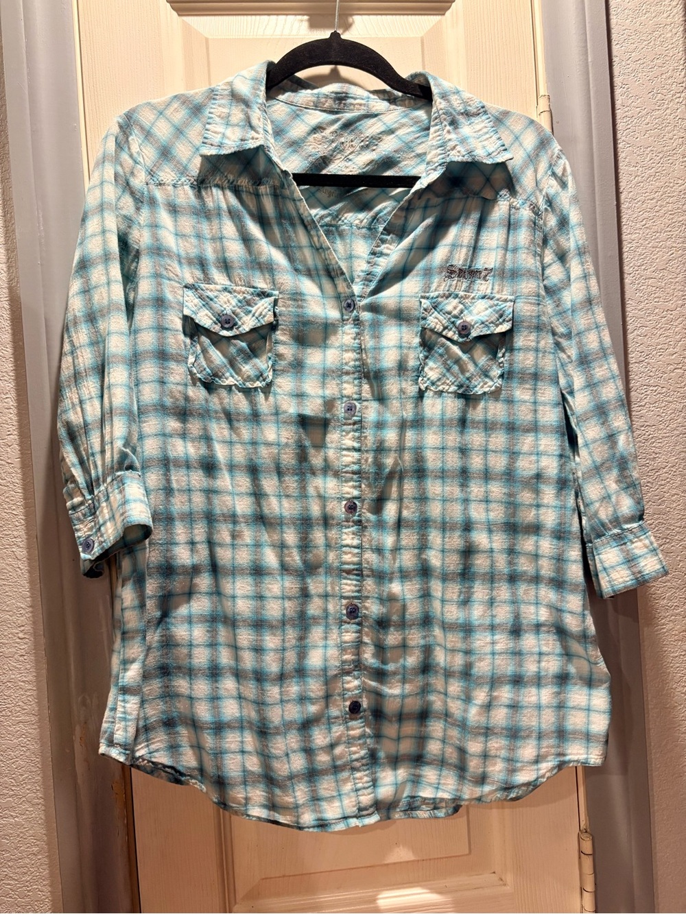 Seven7 Aqua and White Plaid Button-Down Shirt